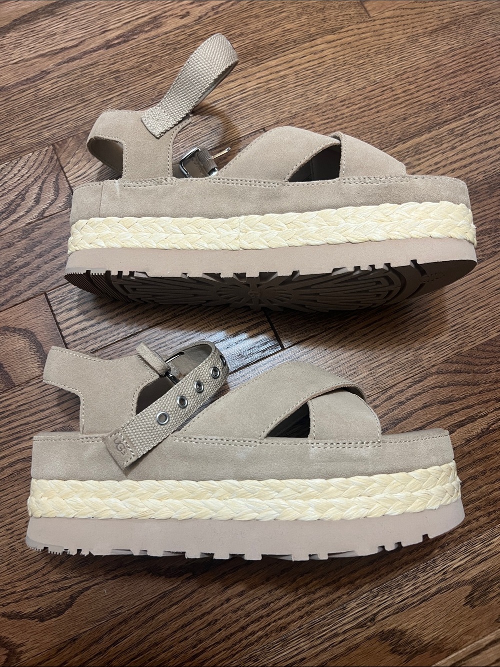 UGG Aubrey Tan Suede Platform Espadrille Sandals with Braided Midsole. - Picture 4 of 8